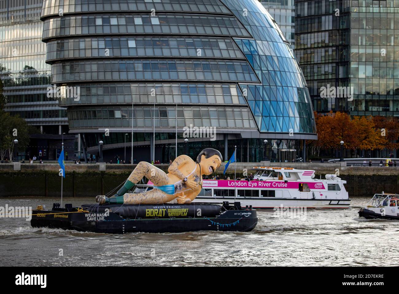 pic shows:  Borat inflatable goes down the Thames in London to promote Borat 2  Past City Hall where Sadiq `Khan resides     Picture by Gavin Rodgers/ Stock Photo